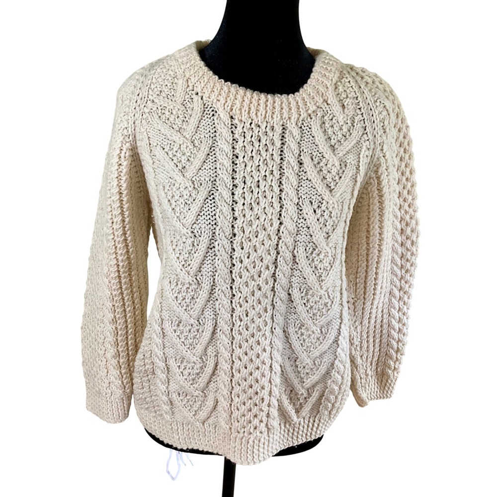 VTG Hand Knit Sweater Chunky Cable Knit Cream Fisherman Aran Sz M or S Oversized
